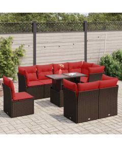 vidaXL 9-cz. zestaw mebli z poduszkami, brązowy, polirattan i akacja Dārza mēbeļu komplekti