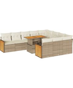 vidaXL 11-częściowy zestaw mebli z poduszkami, beżowy, polirattan i akacja Dārza mēbeļu komplekti