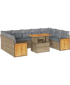 vidaXL 10-częściowy zestaw mebli z poduszkami, beżowy, polirattan i akacja Dārza mēbeļu komplekti