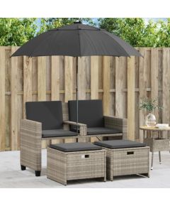 vidaXL 2-os. sofa ogrodowa ze parasolem i stołkami, jasnoszara Dārza mēbeļu komplekti