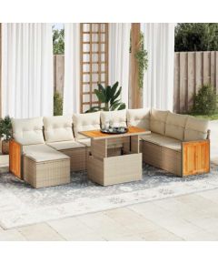 vidaXL 7-cz. zestaw mebli z poduszkami, beżowy, polirattan i akacja Dārza mēbeļu komplekti