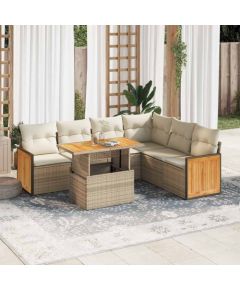 vidaXL 7-cz. zestaw mebli z poduszkami, beżowy, polirattan i akacja Dārza mēbeļu komplekti