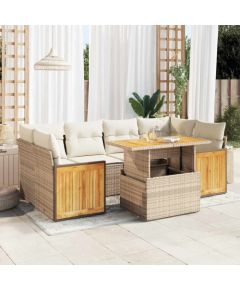 vidaXL 7-cz. zestaw mebli z poduszkami, beżowy, polirattan i akacja Dārza mēbeļu komplekti