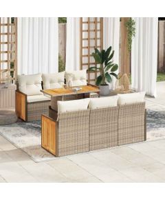 vidaXL 7-cz. zestaw mebli z poduszkami, beżowy, polirattan i akacja Dārza mēbeļu komplekti