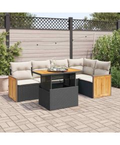 vidaXL vidaXL 6-cz. zestaw mebli z poduszkami, czarny, polirattan i akacja Dārza mēbeļu komplekti