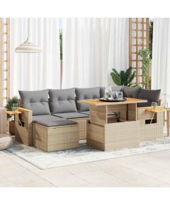 vidaXL vidaXL 7-cz. zestaw mebli z poduszkami, beżowy, polirattan i akacja Dārza mēbeļu komplekti