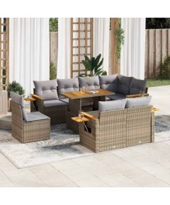 vidaXL 9-cz. zestaw mebli z poduszkami, beżowy, polirattan i akacja Dārza mēbeļu komplekti