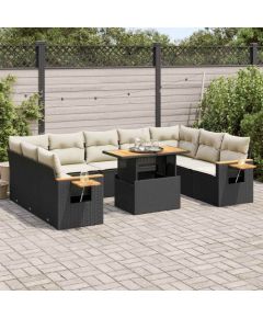vidaXL vidaXL 10-cz. zestaw mebli z poduszkami, czarny, polirattan i akacja Dārza mēbeļu komplekti