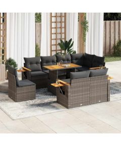 vidaXL vidaXL 9-cz. zestaw mebli z poduszkami, szary, polirattan i akacja Dārza mēbeļu komplekti