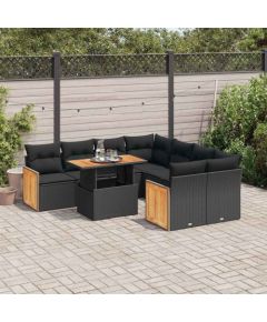 vidaXL vidaXL 9-cz. zestaw mebli z poduszkami, czarny, polirattan i akacja Dārza mēbeļu komplekti