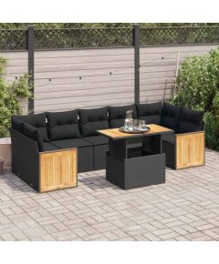 vidaXL vidaXL 8-cz. zestaw mebli z poduszkami, czarny, polirattan i akacja Dārza mēbeļu komplekti