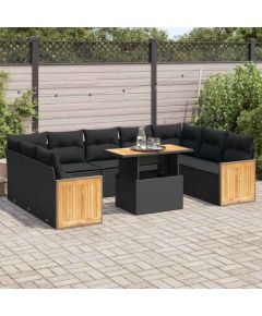vidaXL vidaXL 10-cz. zestaw mebli z poduszkami, czarny, polirattan i akacja Dārza mēbeļu komplekti