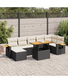 vidaXL 8-cz. zestaw mebli z poduszkami, czarny, polirattan i akacja Dārza mēbeļu komplekti