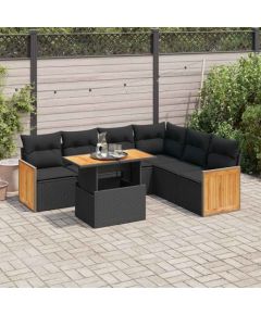 vidaXL 7-cz. zestaw mebli z poduszkami, czarny, polirattan i akacja Dārza mēbeļu komplekti