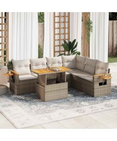 vidaXL 6-cz. zestaw mebli z poduszkami, beżowy, polirattan i akacja Dārza mēbeļu komplekti