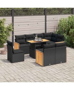 vidaXL 9-cz. zestaw mebli z poduszkami, czarny, polirattan i akacja Dārza mēbeļu komplekti