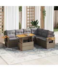 vidaXL 6-cz. zestaw mebli z poduszkami, beżowy, polirattan i akacja Dārza mēbeļu komplekti