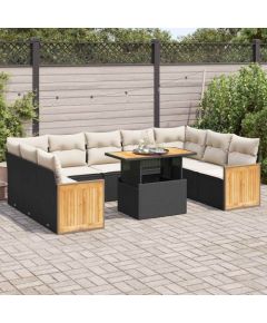 vidaXL 10-cz. zestaw mebli z poduszkami, czarny, polirattan i akacja Dārza mēbeļu komplekti
