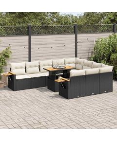 vidaXL 10-cz. zestaw mebli z poduszkami, czarny, polirattan i akacja Dārza mēbeļu komplekti