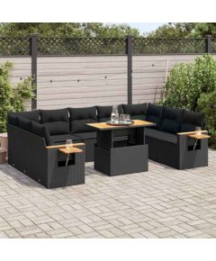 vidaXL 10-cz. zestaw mebli z poduszkami, czarny, polirattan i akacja Dārza mēbeļu komplekti