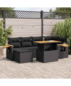 vidaXL 7-cz. zestaw mebli z poduszkami, czarny, polirattan i akacja Dārza mēbeļu komplekti