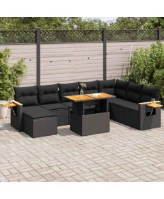 vidaXL 7-cz. zestaw mebli z poduszkami, czarny, polirattan i akacja Dārza mēbeļu komplekti