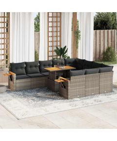 vidaXL 10-cz. zestaw mebli z poduszkami, szary, polirattan i akacja Dārza mēbeļu komplekti