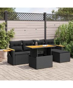 vidaXL 7-cz. zestaw mebli z poduszkami, czarny, polirattan i akacja Dārza mēbeļu komplekti