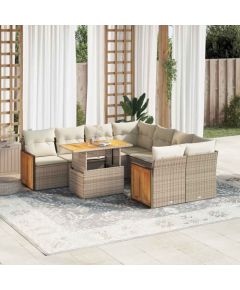 vidaXL 9-cz. zestaw mebli z poduszkami, beżowy, polirattan i akacja Dārza mēbeļu komplekti