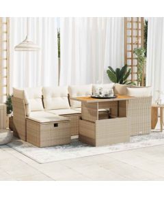 vidaXL 7-cz. zestaw mebli z poduszkami, beżowy, polirattan i akacja Dārza mēbeļu komplekti