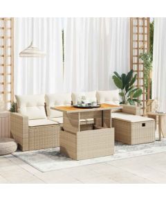 vidaXL 6-cz. zestaw mebli z poduszkami, beżowy, polirattan i akacja Dārza mēbeļu komplekti