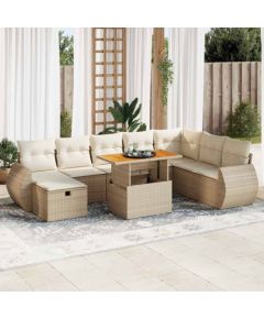 vidaXL 9-cz. zestaw mebli z poduszkami, beżowy, polirattan i akacja Dārza mēbeļu komplekti