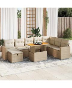 vidaXL 9-cz. zestaw mebli z poduszkami, beżowy, polirattan i akacja Dārza mēbeļu komplekti