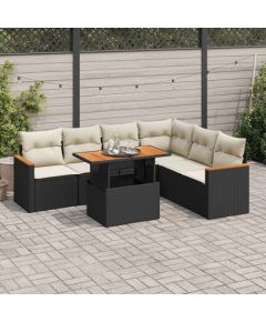 vidaXL 7-cz. zestaw mebli z poduszkami, czarny, polirattan i akacja Dārza mēbeļu komplekti