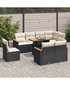 vidaXL 9-cz. zestaw mebli z poduszkami, czarny, polirattan i akacja Dārza mēbeļu komplekti