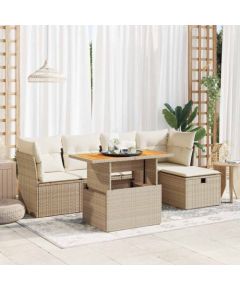 vidaXL 6-cz. zestaw mebli z poduszkami, beżowy, polirattan i akacja Dārza mēbeļu komplekti