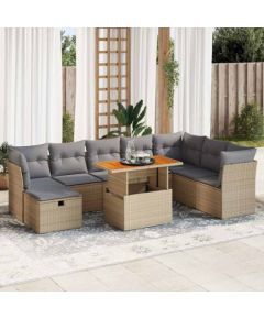 vidaXL 9-cz. zestaw mebli z poduszkami, beżowy, polirattan i akacja Dārza mēbeļu komplekti