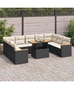 vidaXL 10-cz. zestaw mebli z poduszkami, czarny, polirattan i akacja Dārza mēbeļu komplekti