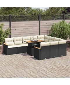 vidaXL 11-cz. zestaw mebli z poduszkami, czarny, polirattan i akacja Dārza mēbeļu komplekti