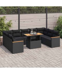 vidaXL 10-cz. zestaw mebli z poduszkami, czarny, polirattan i akacja Dārza mēbeļu komplekti
