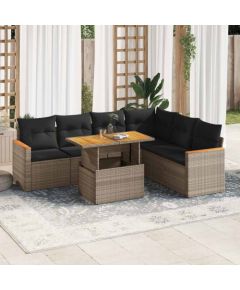 vidaXL 7-cz. zestaw mebli z poduszkami, szary, polirattan i akacja Dārza mēbeļu komplekti