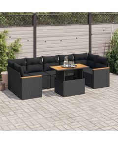 vidaXL 7-cz. zestaw mebli z poduszkami, czarny, polirattan i akacja Dārza mēbeļu komplekti