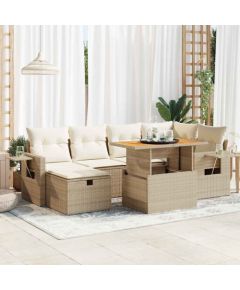 vidaXL 8-cz. zestaw mebli z poduszkami, beżowy, polirattan i akacja Dārza mēbeļu komplekti