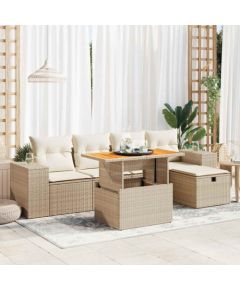 vidaXL 6-cz. zestaw mebli z poduszkami, beżowy, polirattan i akacja Dārza mēbeļu komplekti