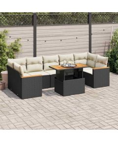 vidaXL 7-cz. zestaw mebli z poduszkami, czarny, polirattan i akacja Dārza mēbeļu komplekti