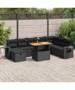 vidaXL 9-cz. zestaw mebli z poduszkami, czarny, polirattan i akacja Dārza mēbeļu komplekti