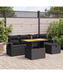 vidaXL 6-cz. zestaw mebli z poduszkami, czarny, polirattan i akacja Dārza mēbeļu komplekti