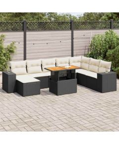 vidaXL 9-cz. zestaw mebli z poduszkami, czarny, polirattan i akacja Dārza mēbeļu komplekti