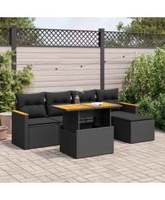 vidaXL 6-cz. zestaw mebli z poduszkami, czarny, polirattan i akacja Dārza mēbeļu komplekti