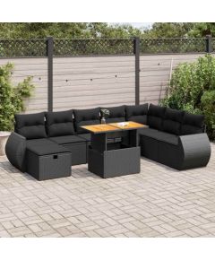 vidaXL 9-cz. zestaw mebli z poduszkami, czarny, polirattan i akacja Dārza mēbeļu komplekti